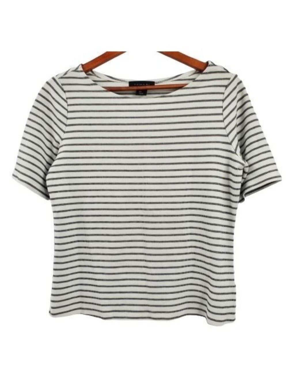 Tahari Women's White/Black Stripe Short Sleeve Boat Neck Blouse Size Large - Picture 2 of 9